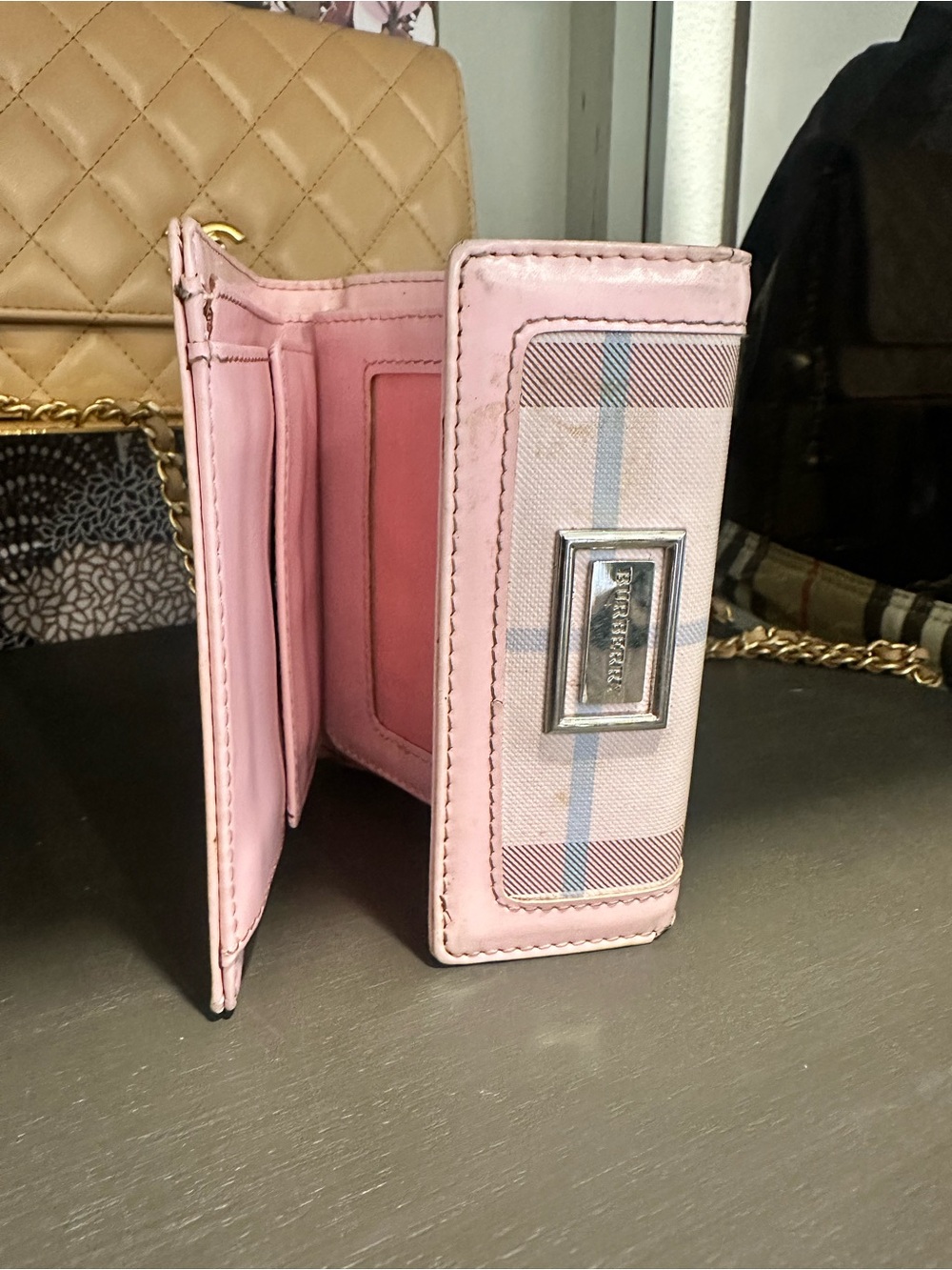 Burberry Pink Plaid Trifold Wallet with Silver Hardware